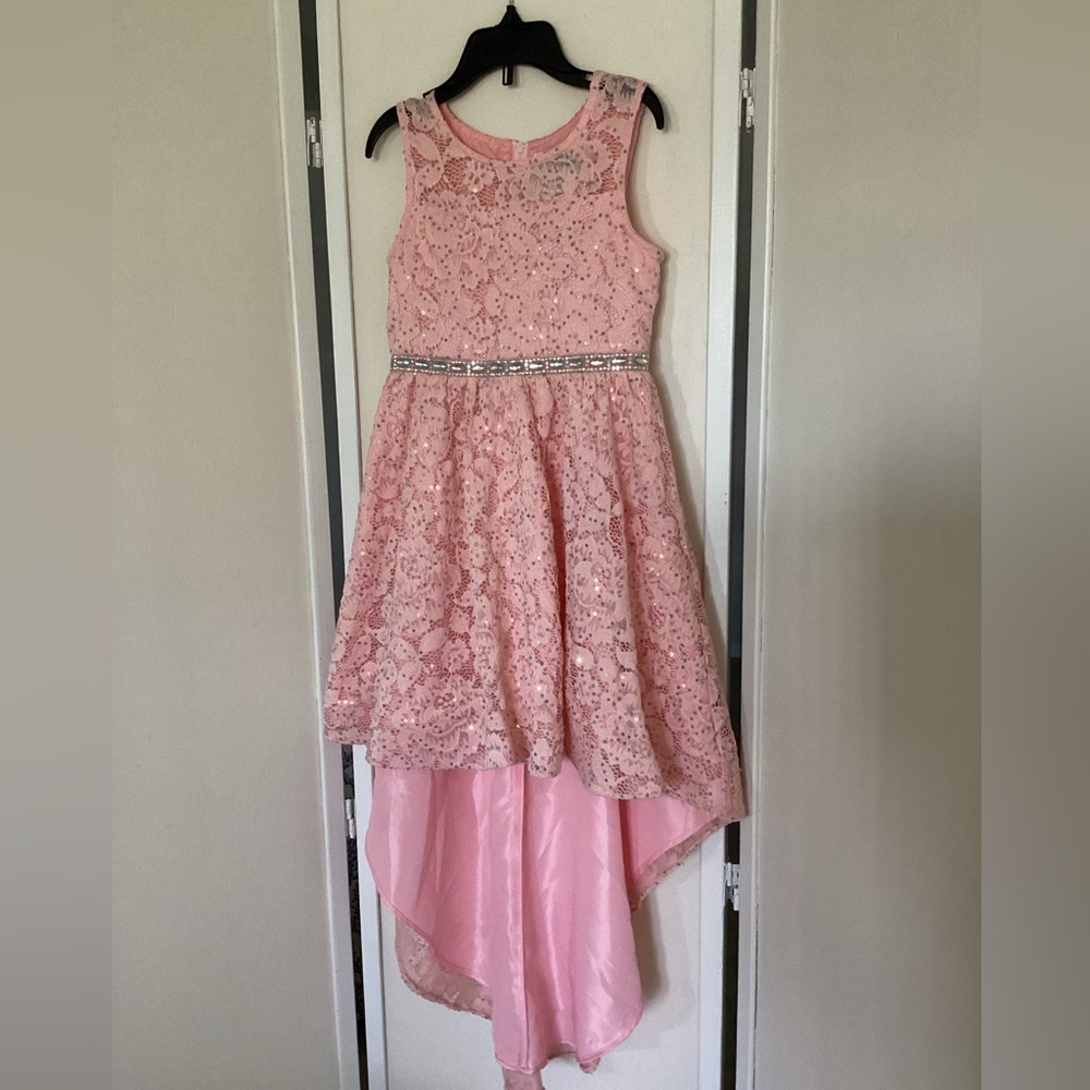 ๐ Girls formal dress Sz 7 pink lace fancy sequins wedding black tie flower girl - Picture 1 of 10